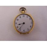 18ct yellow gold open face pocket watch, white enamel dial with Arabic numerals