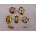 Five 9ct gold vintage wristwatches and a 9ct gold and coral pin