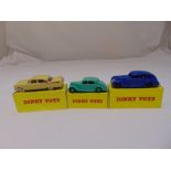 Dinky Toys 30A Chrysler, 158 Riley and 191 Dodge Royal Sedan, all in repro boxes