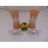 A pair of 1950s pink ribbed glass vases, a pair of Art Deco glass candlesticks and a green and