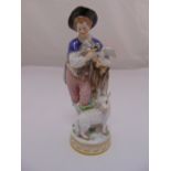 Meissen 19th century figurine of boy with a carrier pigeon and a lamb by his feet, chip to hat and