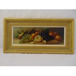 A framed oil on panel still life of fruit, 17.5 x 51cm
