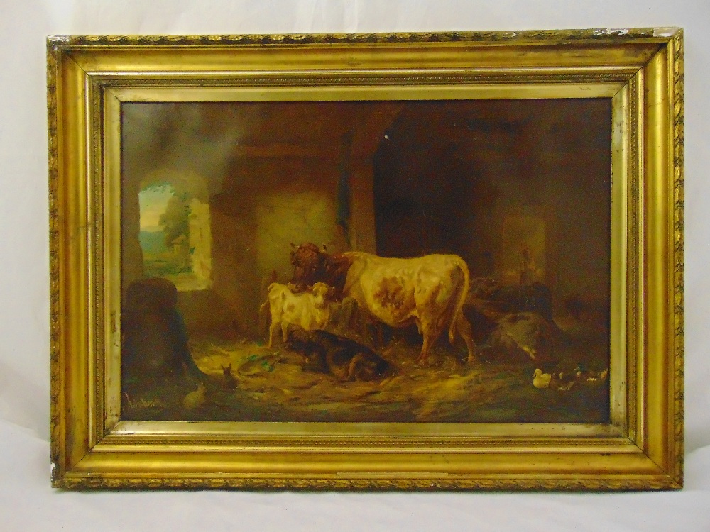 Louis Reinhardt framed oil on canvas of cows, ducks and rabbits in barn, signed bottom left,