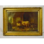 Louis Reinhardt framed oil on canvas of cows, ducks and rabbits in barn, signed bottom left,