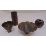 Four Ann Kenny Studio pottery pieces to include a cylinder vase, pot and cover and two footed bowls