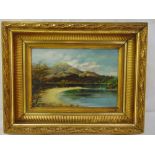A 19th century framed oil on canvas lake side scene unsigned, 20.5 x 30.5cm