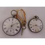Two silver open faced pocket watches both with white enamel dials and Roman numerals