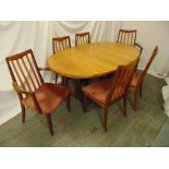 G-Plan teak oval dining table circa 1980 and six matching chairs, 72 x 107 x 209