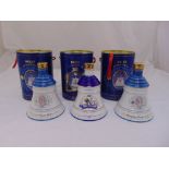 Three Bells Scotch whisky commemorative ceramic Royal decanters in original packaging