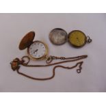 A gold plated pocket watch on a gold plated Albert chain and a silver pocket watch A/F