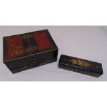A rectangular Japanese lacquered box with hinged covers, two drawers and a continental lacquered