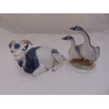 Royal Copenhagen figurine of a recumbent goat 15 x 28 x 15cm and a figural group of geese 20cm (