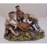 Capodimonte figural group of men playing a dice game on naturalistic base, 24 x 30cm