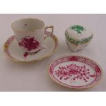 Herend Apponyi pattern cup, saucer, pin dish and a covered box