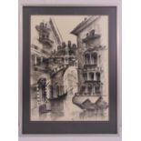 A framed and glazed charcoal drawing of a Venetian scene, 58 x 43cm