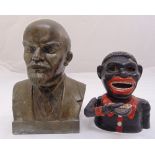 A novelty cast iron money box and a bronze bust of Lenin, tallest 23cm (h)