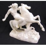 A Parianware figurine of a lady on horseback, marks to the base, 38cm (h)