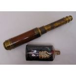 A late 19th century mahogany and brass three draw telescope and a 19th century ship in a bottle