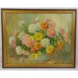 A. Nikolesky framed oil on canvas still life of chrysanthemums, signed bottom right, 53 x 69cm