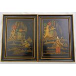 A pair of chinoiserie rectangular panels with raised lacquered figures in a stylised landscape, 34 x