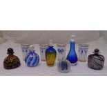 A quantity of glass scent bottles with drop stoppers and four hand painted French glass beakers (