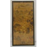 Chinese framed and glazed painting on silk of figures in a landscape, signed top left, 58 x 27.5cm