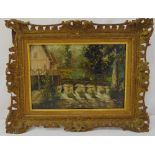 Louis Aston Knight framed oil on panel of cottages on a river bank, signed bottom right, label to