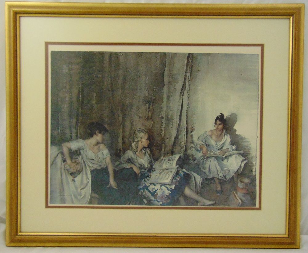 William Russell Flint framed and glazed lithographic print of three ladies, 43 x 58cm