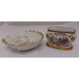 A French hand painted and gilded shell shaped bowl and Crown Naples jardinière with gilt mounts to