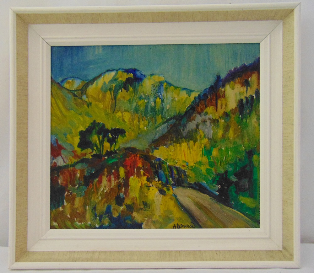 Lawrence James Isherwood framed oil on panel of an expressionist landscape, signed bottom right,