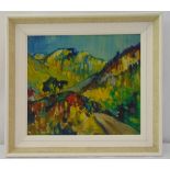 Lawrence James Isherwood framed oil on panel of an expressionist landscape, signed bottom right,