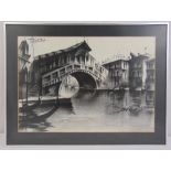 A framed and glazed charcoal drawing of the Rialto Bridge Venice, signed bottom right, 34 x 49cm