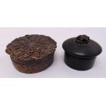 An oriental circular covered box and a treen circular covered box, 7.5cm (h)