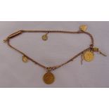 9ct gold Albert chain with five charms, a South African pond 1896 and a half sovereign 1910,