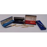 A quantity of fountain pens, propelling pencils and ball point pens, to include Parker sets in