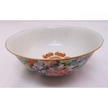 Chinese bowl decorated with flowers and leaves to side and bat to inside, six character marks to
