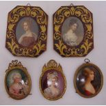 Five framed miniatures of ladies in 18th century dress