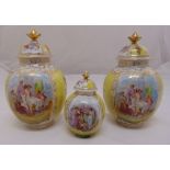 A pair of Dresden style covered vases decorated with female figures and a similar smaller vase and