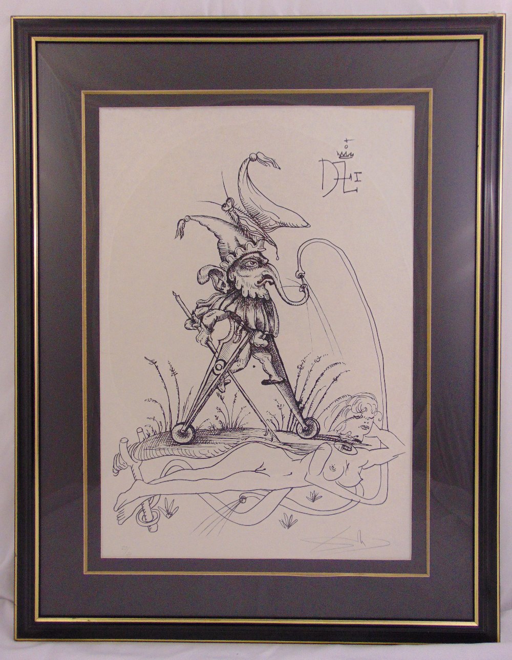 Salvador Dali framed and glazed monochromatic limited edition print of the jester 22/50, to