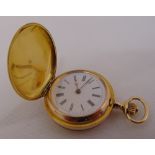 18ct yellow gold ladies pocket watch with white enamel dial and Roman numerals, approx total