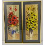 Maurice Tellier a pair of framed and glazed mixed media images of flowers in a vase, signed bottom