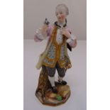 Meissen figurine of a man in classical dress with sword holding a tricorn hat and flowers, 19.5cm (