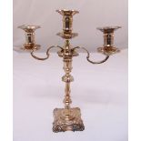 Silver two branch candelabrum with knopped fluted stem on raised square base, London 1972, 36cm (h)