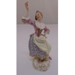 Meissen figurine of a dancing lady in classical dress, restoration to fingers, marks to the base,
