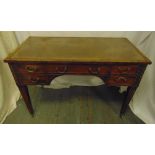 A Victorian rectangular leather top mahogany writing desk with five drawers, brass swing handles