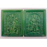 Mantel Elgg rectangular green ceramic wall panels decorated with minstrels, 27 x 22cm