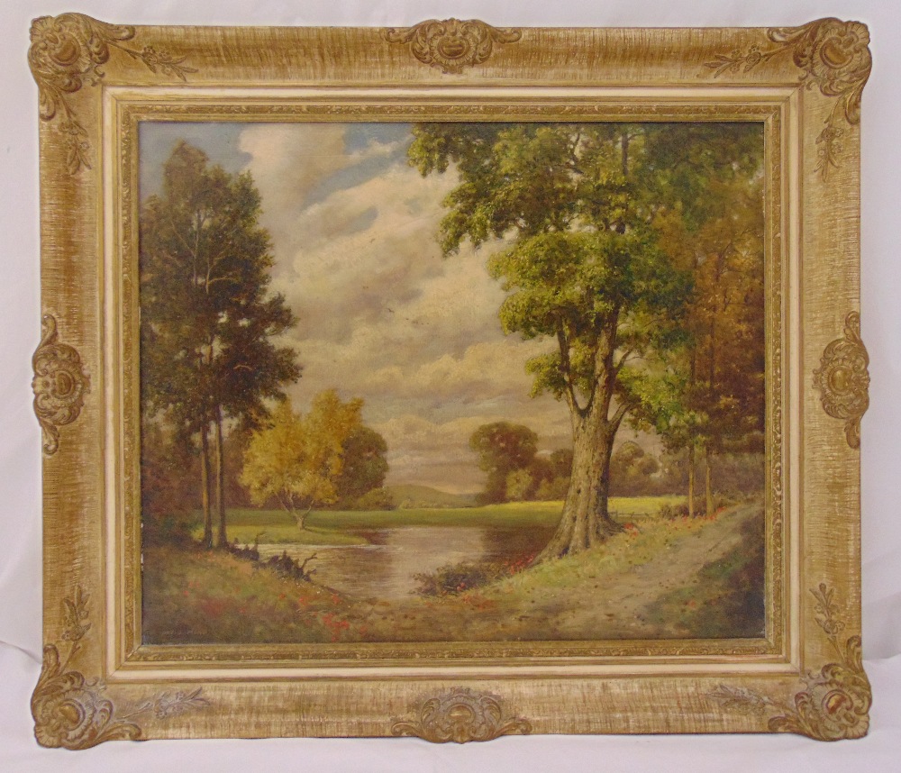 David Mead framed oil on panel of a lake and trees, signed bottom left, label to verso, 50.5 x 61cm