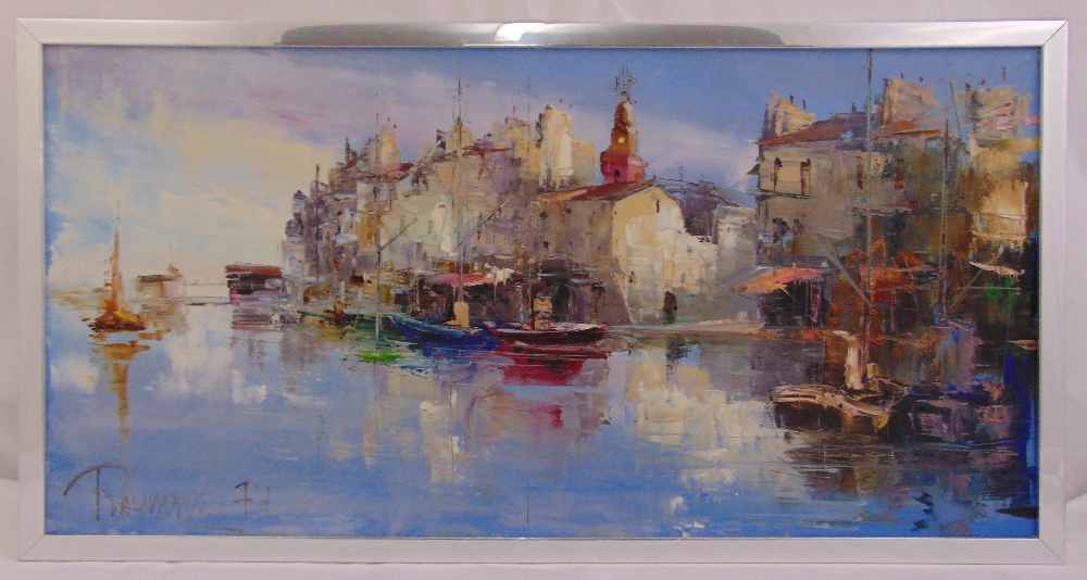 Raymond framed oil on canvas of boats in a harbour, signed and dated bottom left, 40 x 80cm