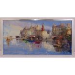 Raymond framed oil on canvas of boats in a harbour, signed and dated bottom left, 40 x 80cm