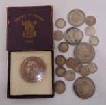 A quantity of pre 1947 silver coins and a 1951 Festival of Britain coin in fitted case